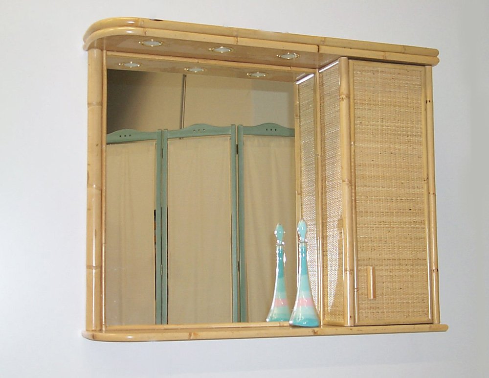 SP510GRA jollygiuncoeu wall mounted bamboo vanity cabinet with a mirrored front and woven doors two turquoise vases on the shelf below the mirror