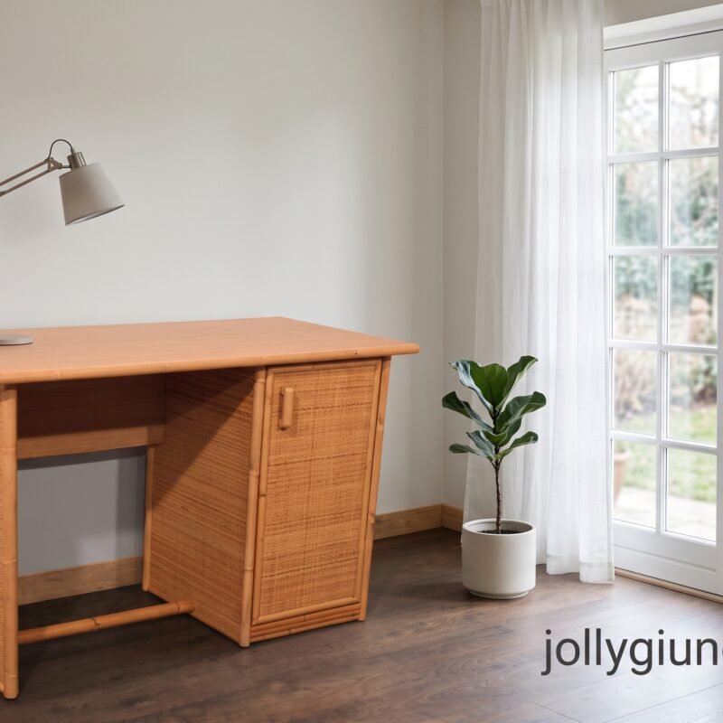 Wooden desk with an adjustable metal lamp in a bright room, next to a glass door with sheer white curtains and a potted plant nearby.