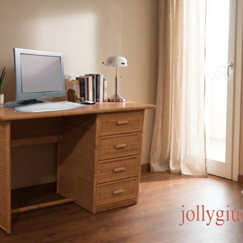 Wooden desk with a small computer monitor, white keyboard and mouse, a row of books, a metal desk lamp, and a potted plant by a window with sheer curtains.