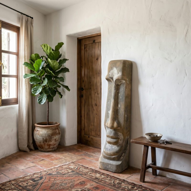 Sunlit rustic corner with a tall leafy potted plant, wooden-framed window with beige curtains, and a carved stone sculpture beside a wooden door.