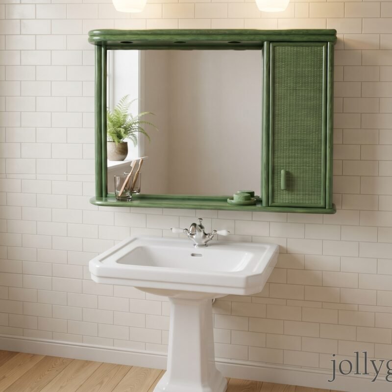 Green-framed bathroom vanity mirror with built-in cabinet, plant on the shelf, and white pedestal sink beneath tiled walls.