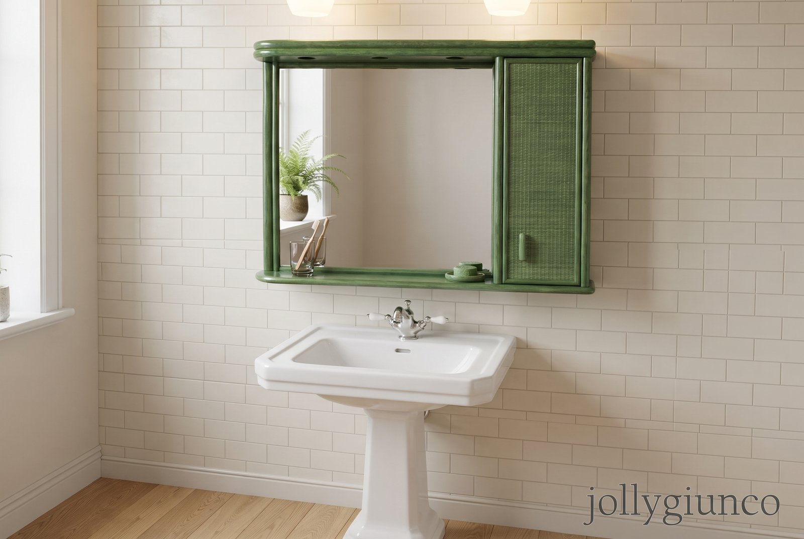 Specchio Sorrento in Rattan per Bagno jollygiuncoeu green framed bathroom vanity mirror with built in cabinet plant on the shelf and white pedestal sink beneath tiled walls
