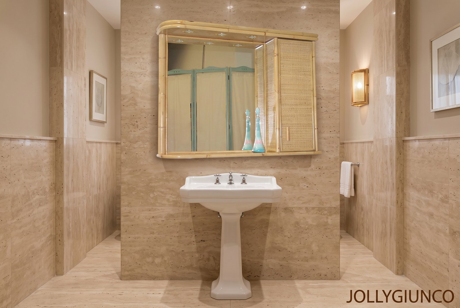 Specchio Sorrento in giunco per Bagno jollygiuncoeu beige marble bathroom with a white pedestal sink and a bamboo framed mirror cabinet two turquoise vases on the sink