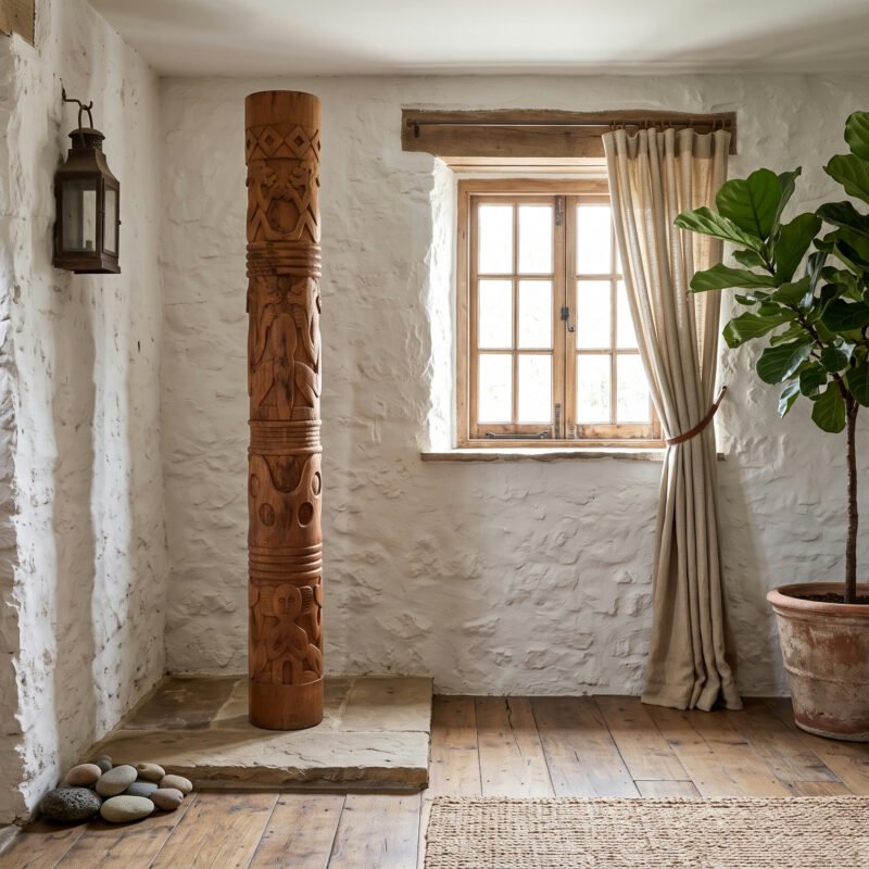 Rustic sunlit room with a tall carved wooden pillar, white plaster walls, a window with light beige curtains, and a potted fig tree by a wooden bench along the right wall.