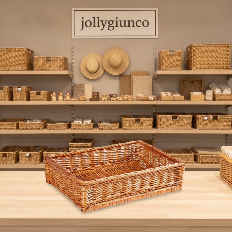 Wicker baskets of various sizes arranged on shelves with a large empty basket on a light wooden counter in the foreground; sign reads 'jollygiunco' on the wall.