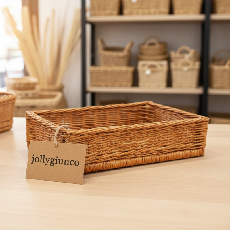 Woven wicker basket on a light wooden table with a tag reading jollygiu nco in the foreground, shelves of baskets in the background.