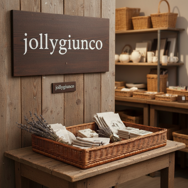 Rustic shop display with a dark wood sign reading 'jollygunco', wicker baskets, and a tray of folded linen napkins with lavender sprigs on a wooden table.
