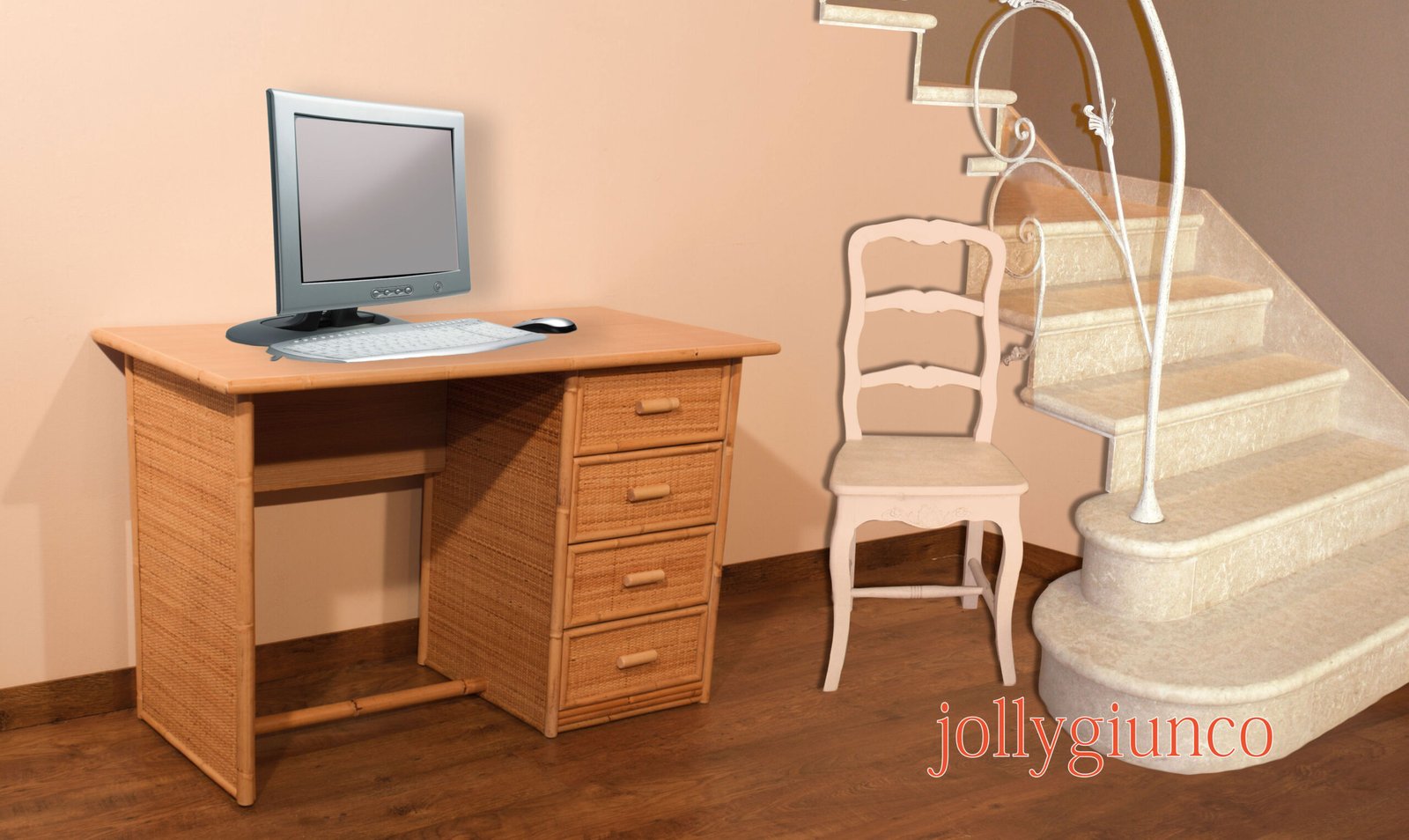 jollygiuncoscrivanie13g jollygiuncoeu desktop computer on a wicker desk in a peach colored room with a white chair and marble staircase to the right