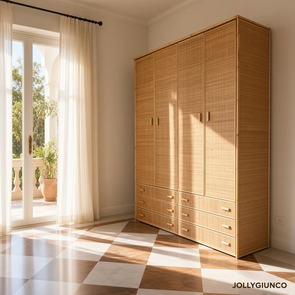 Armadio Oliveto in Giunco 4 Ante con 3+3 Cassetti 1 jollygiuncoeu bright bedroom with a tall woven wood wardrobe beside glass doors and sheer curtains checkered tile floor sunlit from outside doors to a balcony