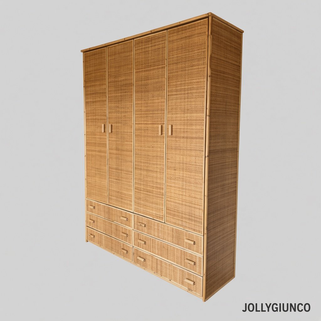 Armadio Oliveto in Giunco 4 Ante con 3+3 Cassetti jollygiuncoeu tall wooden wardrobe with four doors and six drawers in a natural wood finish against a light gray background