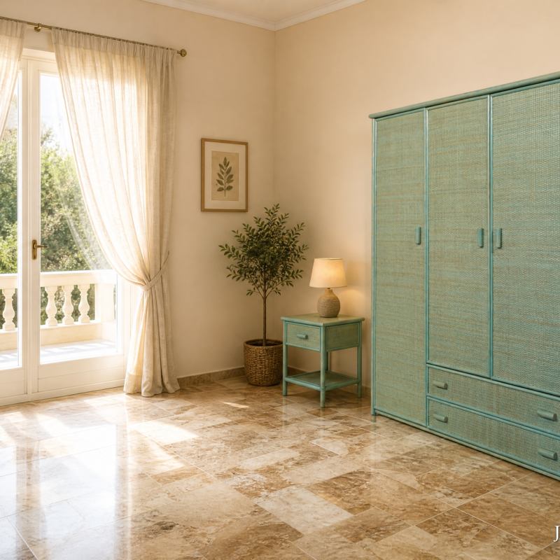 Sunlit living corner featuring a turquoise woven wardrobe, matching side table with lamp, and potted plant beside a framed leaf print.