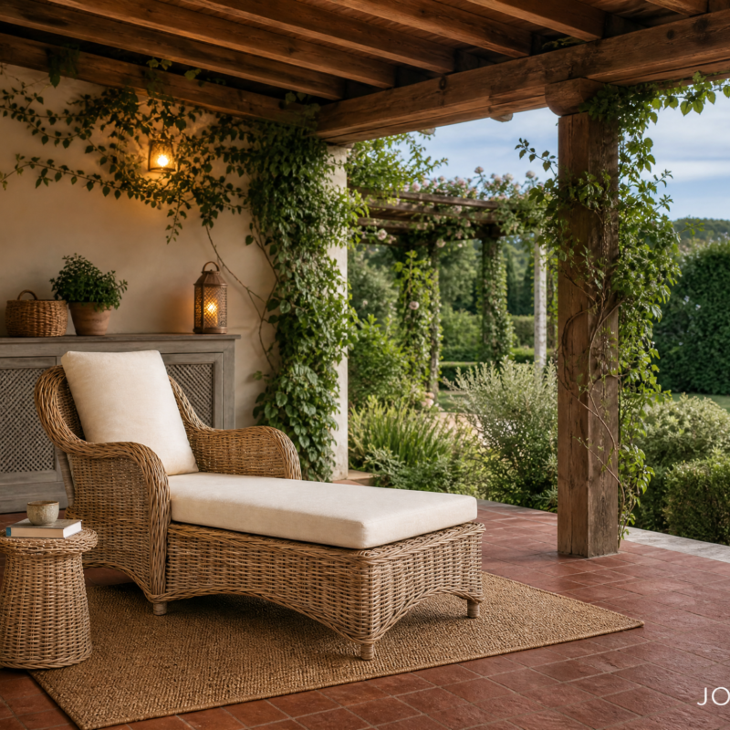 Cozy outdoor seating area on a terracotta patio with beige cushioned wicker furniture, plants, and a wooden pergola.