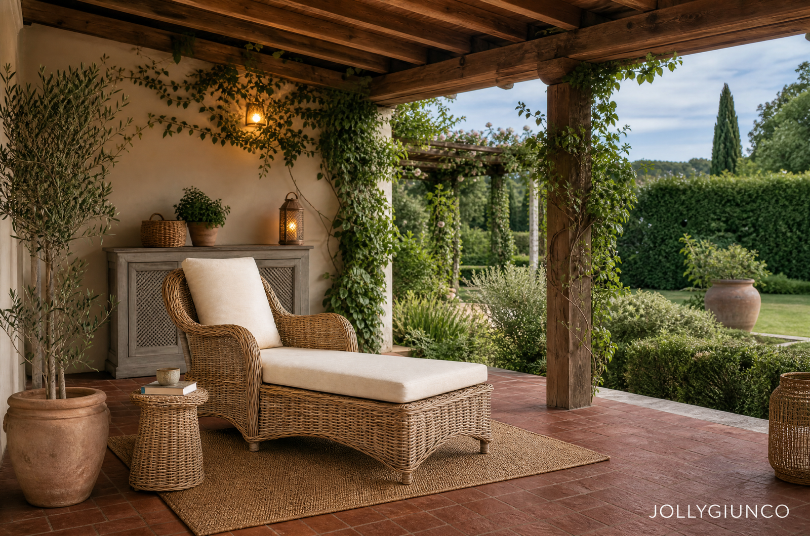 Chaise longue in giunco grigio 10 158X70H87 jollygiuncoeu cozy outdoor seating area on a terracotta patio with beige cushioned wicker furniture plants and a wooden pergola