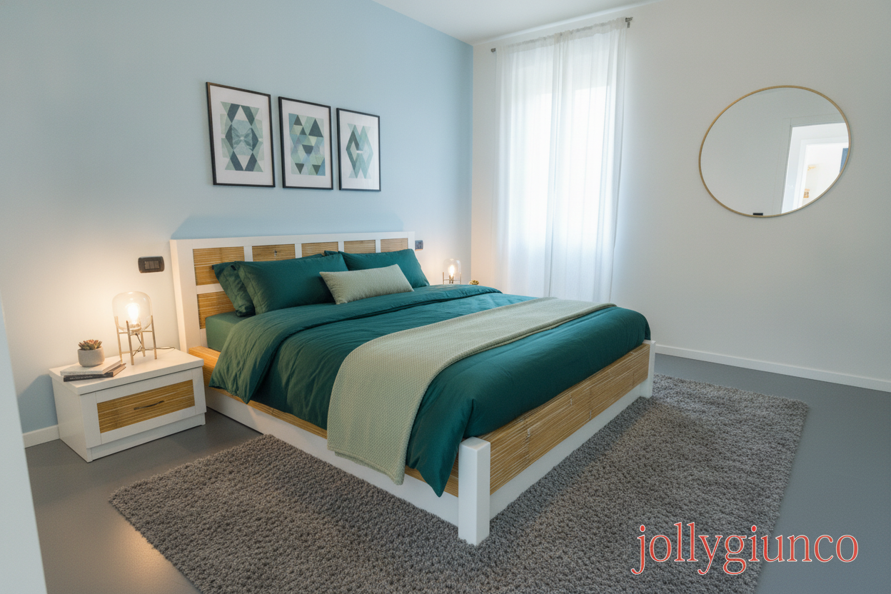 Letto Matrimoniale Ulivo con Contenitore in Crash Bambù e Legno jollygiuncoeu modern bedroom with teal bedding wooden bed frame and matching nightstand lamps a light blue accent wall with three geometric art prints above the bed and a round wall mirror nearby
