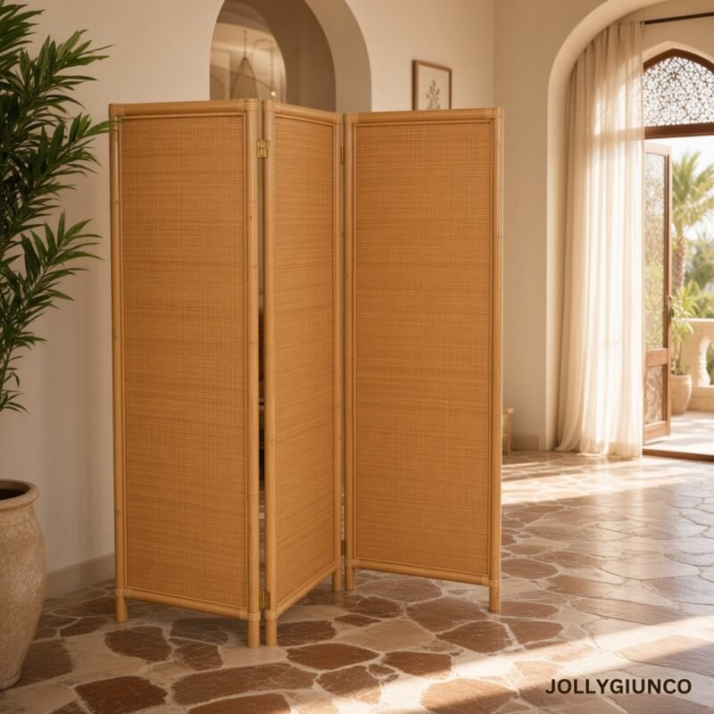 Wicker room divider in a bright foyer with an arched doorway and sheer curtains off to the side.