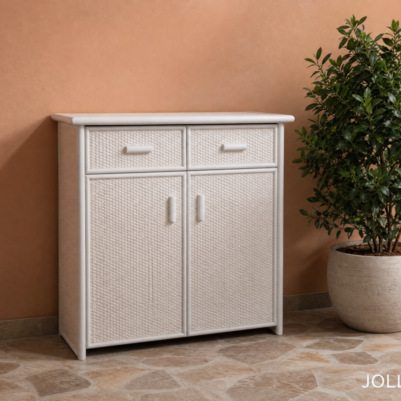 White wicker cabinet with four drawers beside a large potted green plant against a peach wall, on a tiled floor. Brand name 'JOLLYGIUNCO' appears in the corner, bottom right.