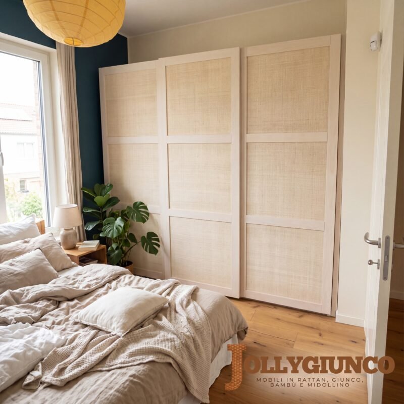 bedroom with beige linen bed potted plant and a tall woven room divider screen near a window soft natural light fills the space