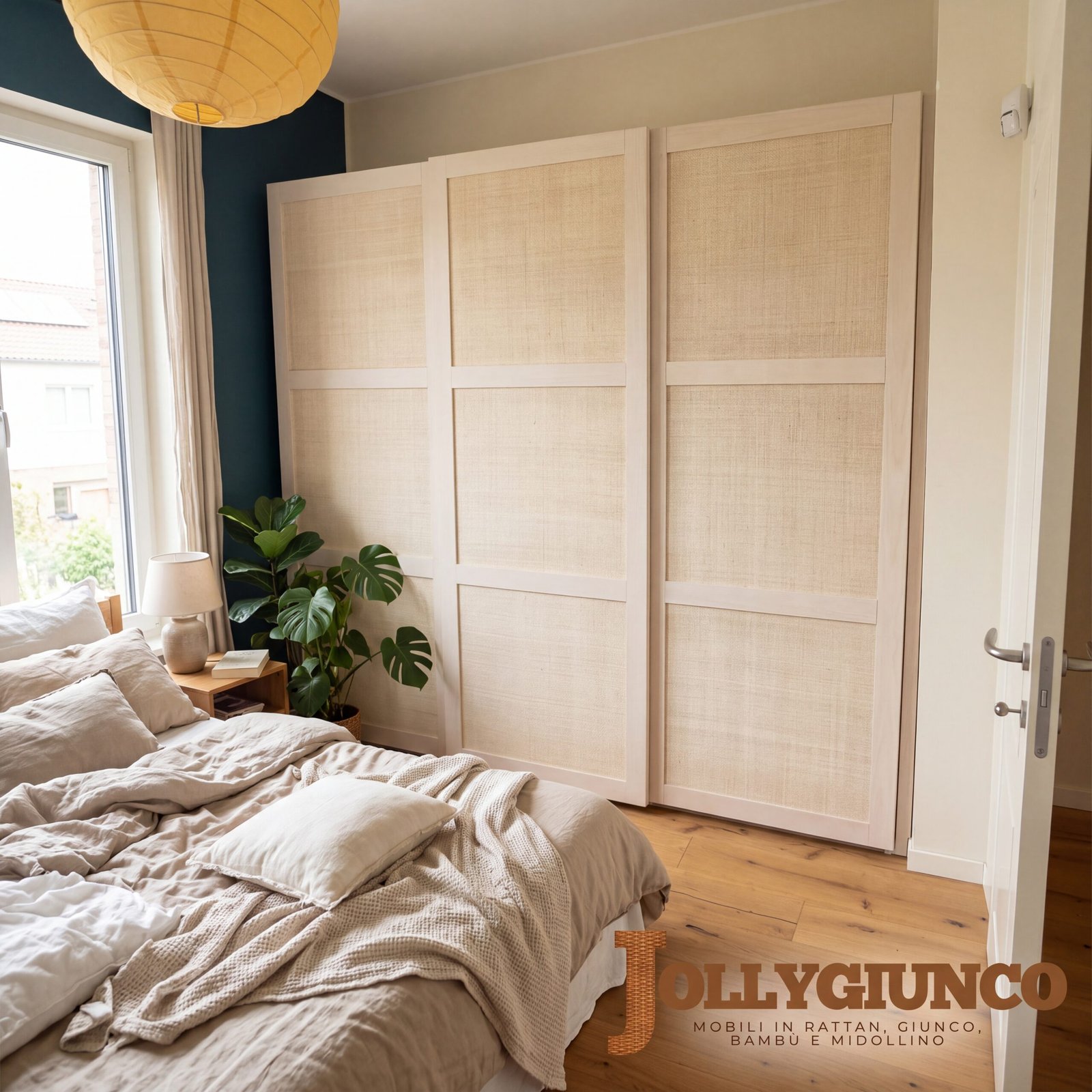 Armadio Erice a 3 Ante Scorrevoli con cassettiera 10 jollygiuncoeu bedroom with beige linen bed potted plant and a tall woven room divider screen near a window soft natural light fills the space