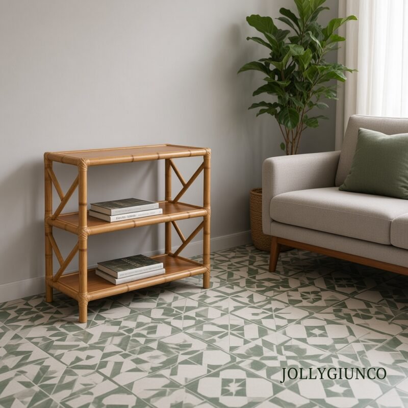 Corner of a living room with a bamboo shelf holding books beside a beige sofa and a tall plant in a wicker basket