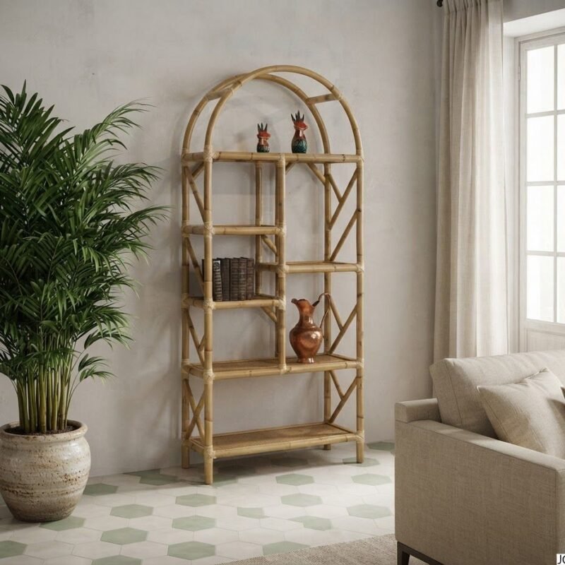 Tall bamboo shelving unit next to a large potted plant in a bright living room with a beige sofa and sheer curtains by a window.
