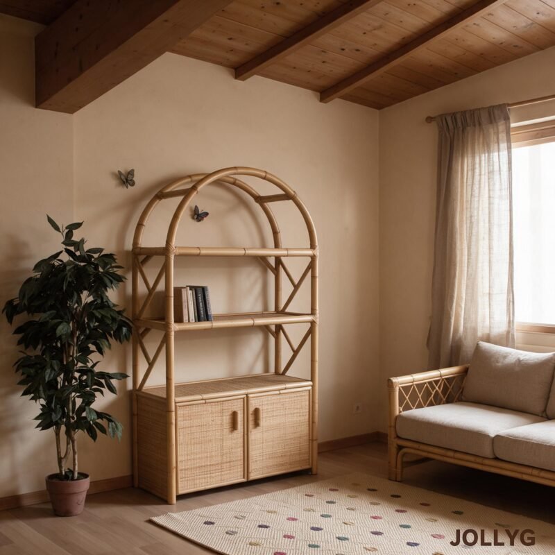Corner of a cozy room with a wicker/rattan shelving unit, leafy potted plant, and a light patterned rug near a window with beige curtains.